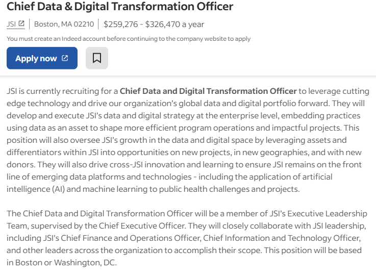 Job posting: Chief Data & Digital Transformation Officer; Boston, MA; salary 9k–6k; includes Apply button and a summary of responsibilities and leadership role.