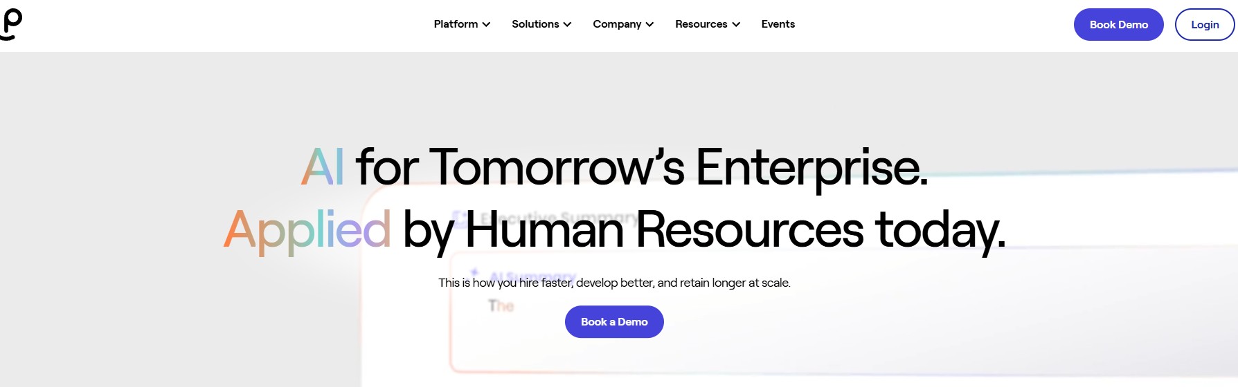 Hero banner announcing AI for Tomorrow’s Enterprise, applied by Human Resources today, with a 'Book a Demo' call-to-action.