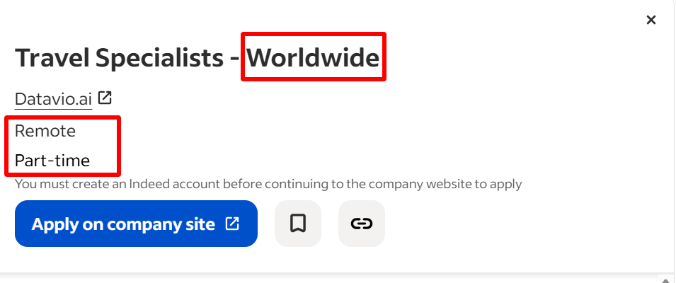 Job listing card: Travel Specialists - Worldwide; company Datavio.ai; tags Remote and Part-time; 'Apply on company site' button.