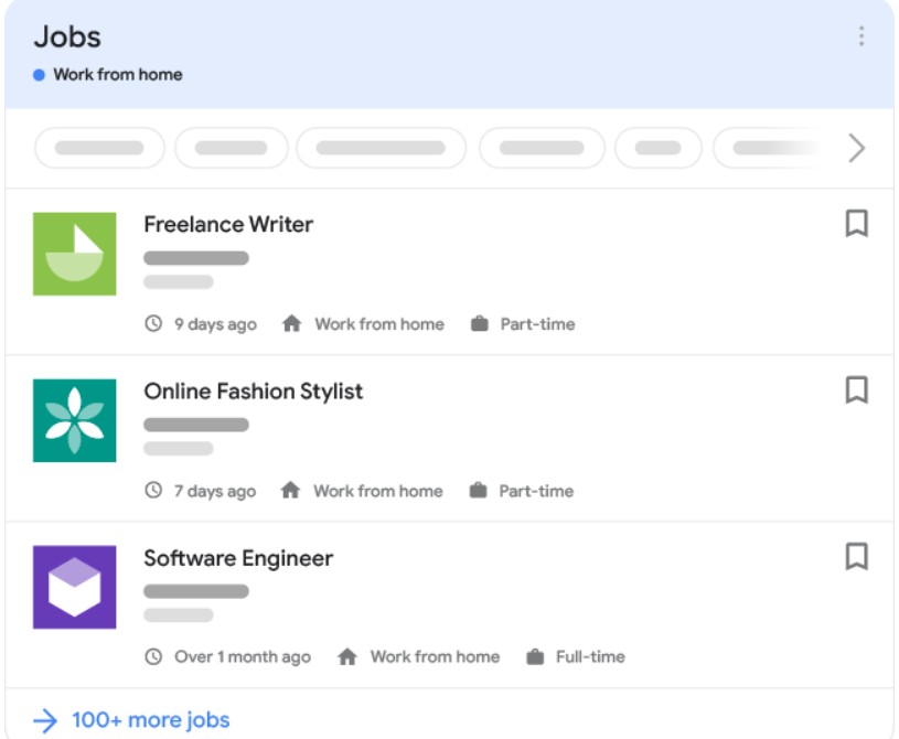 Jobs screen with 'Work from home' filter showing three postings: Freelance Writer, Online Fashion Stylist, and Software Engineer, each with logo, job title, and meta icons.