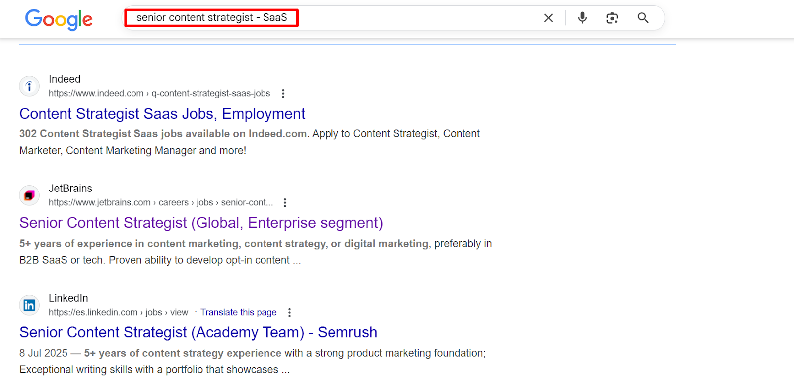 Google search results for 'senior content strategist - SaaS' showing job listings from Indeed, JetBrains, and LinkedIn