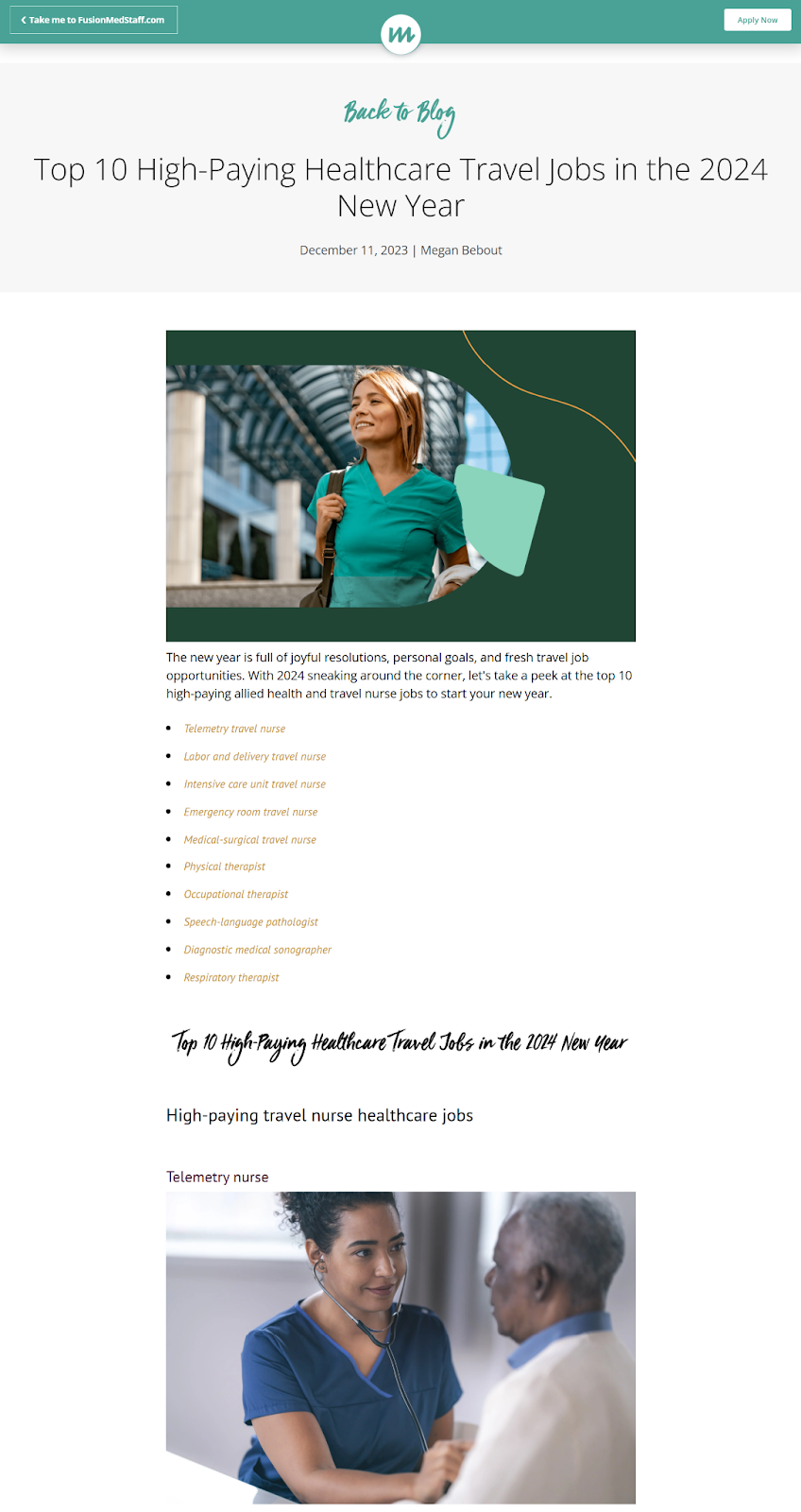 Hero image for a blog post about high-paying healthcare travel jobs: smiling nurse in teal scrubs outdoors.