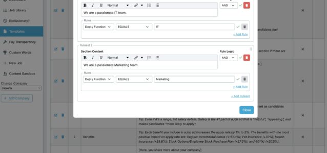 job postings templates content override rules