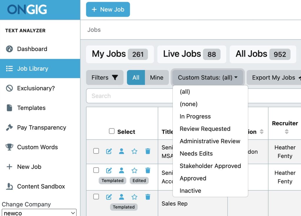 Screenshot | Ongig Blog job post workflow custom statuses in Ongig