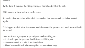 LinkedIn post by Heather Fenty about a lengthy JD approval process causing hiring delays and lost opportunities,