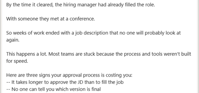 LinkedIn post by Heather Fenty about a lengthy JD approval process causing hiring delays and lost opportunities,