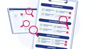 Infographic showing a digital audit checklist with sections labeled Navigation, Accessibility, Performance, and Content, highlighted by magnifying-glass icons and green checkmarks for completed items.