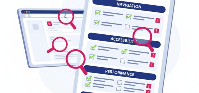 Infographic showing a digital audit checklist with sections labeled Navigation, Accessibility, Performance, and Content, highlighted by magnifying-glass icons and green checkmarks for completed items.