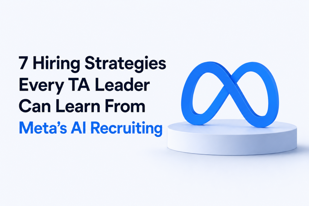 Hero image featuring a bold headline about hiring strategies and Meta's AI recruiting, with a blue infinity logo on a pedestal to the right.