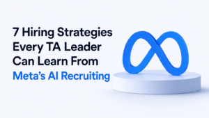 Hero image featuring a bold headline about hiring strategies and Meta's AI recruiting, with a blue infinity logo on a pedestal to the right.