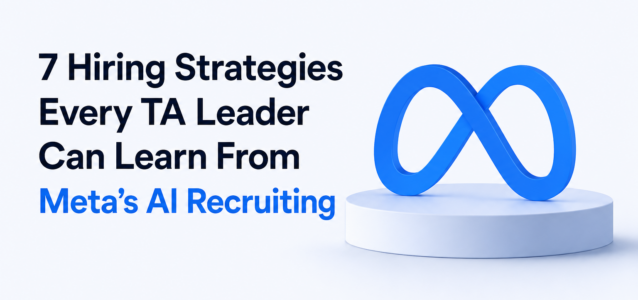 Hero image featuring a bold headline about hiring strategies and Meta's AI recruiting, with a blue infinity logo on a pedestal to the right.
