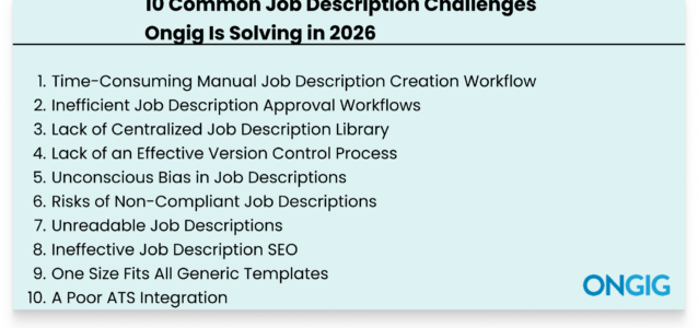 Slide titled '10 Common Job Description Challenges Ongig Is Solving in 2026' listing 10 challenges (time-wasting workflows, bias, readability, SEO, version control, etc.).