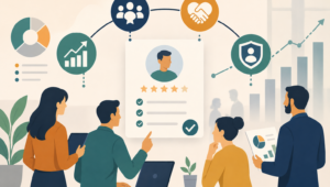 Team of professionals discussing a candidate profile and data visuals on a wall chart in a modern office.