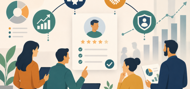 Team of professionals discussing a candidate profile and data visuals on a wall chart in a modern office.
